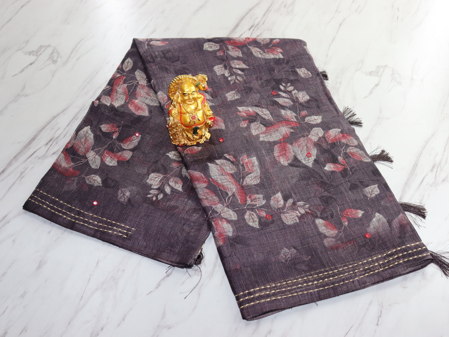 Leaf Print Linen Saree